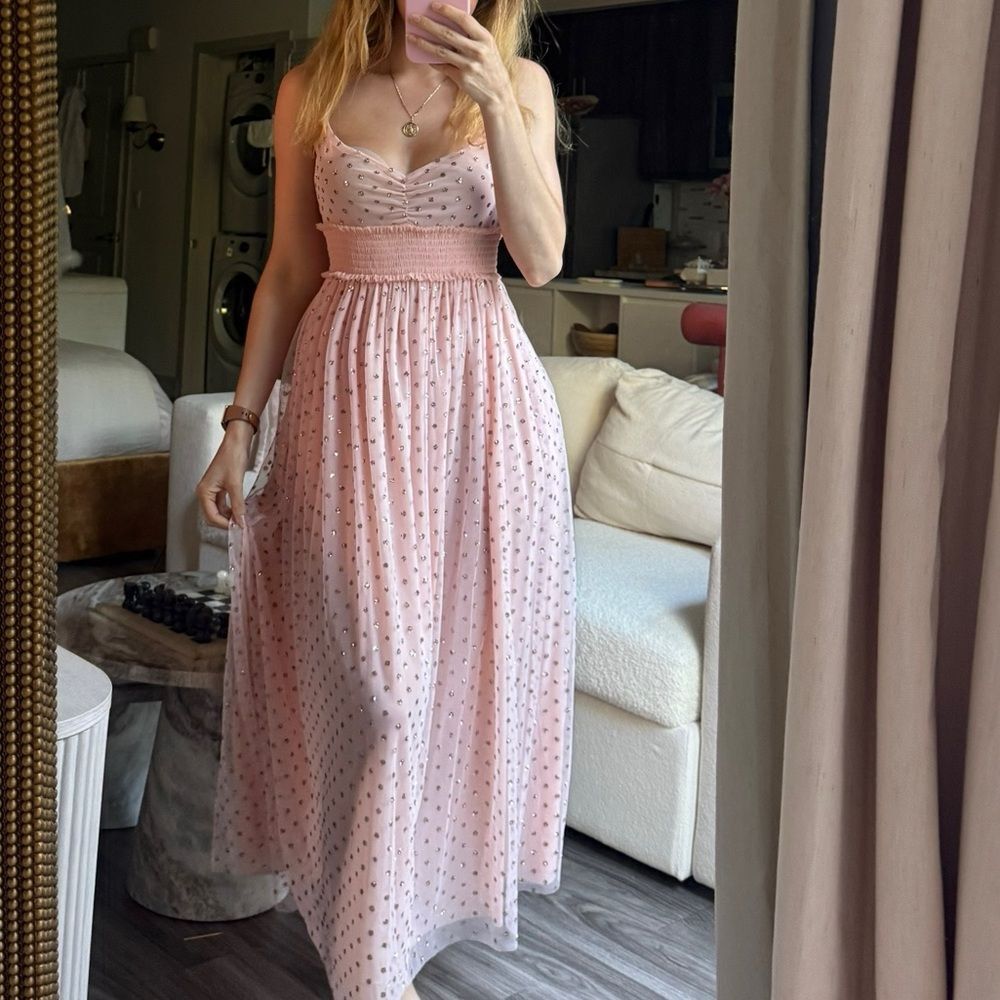 Free People Pink tulle glitter Mesh Maxi slip Dress Romantic Fairycore XS